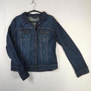 NY&C Women’s L Jean Jacket Stretch Classic Fit‎ Dark Wash Denim Trucker
